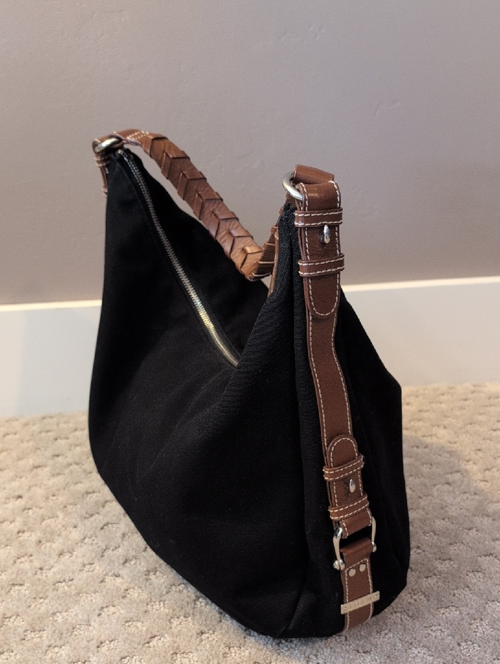 Ralph Lauren Black And Brown Canvas Hobo Bag Braided Handle